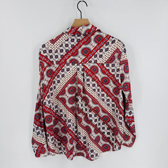 ZARA Boho Paisley Print Button Down Shirt Red Blue Cream Long Sleeve Top Size M - Picture 2 of 5